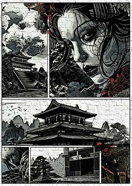 Japanese Comic Panel with Geisha and Temple