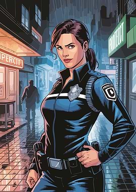 Female Police Officer in Rainy City