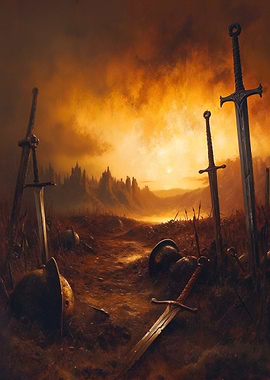 Battlefield Aftermath with Swords and Helmets