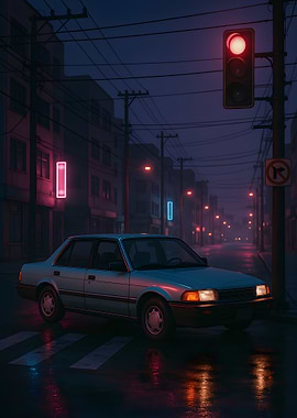 City Street at Night with Car