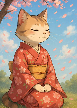 Cat in Kimono under Cherry Blossoms