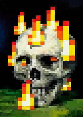 Pixelated Skull with Flames