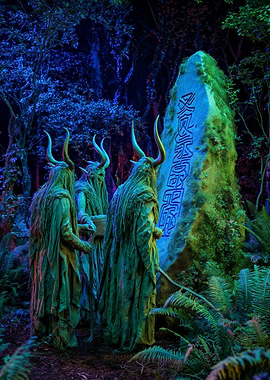 Mystical Forest Ritual with Horned Figures