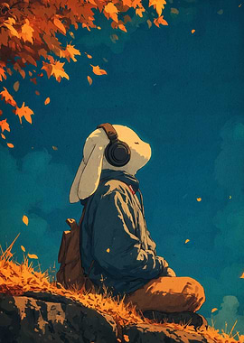 Rabbit with Headphones in Autumn Landscape