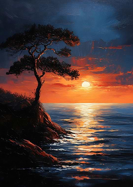 Sunset Seascape with Tree