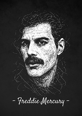 Freddie Mercury Portrait - Black and White Scribble Art
