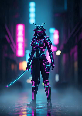 Cyberpunk Samurai Girl – Cyberpunk Warrior girl in Rainy Futuristic Alley