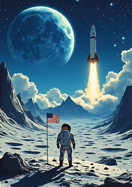 Astronaut, Rocket, and American Flag on Moon