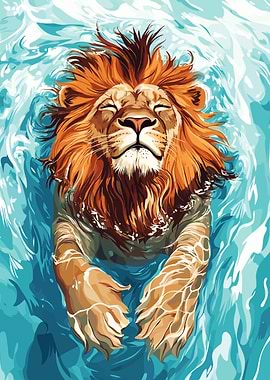 Lion Swimming in Blue Water