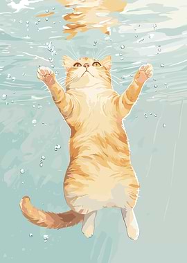 Cat Swimming Underwater Illustration