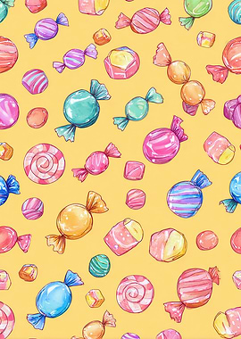 Colorful Candy Pattern on Yellow Background