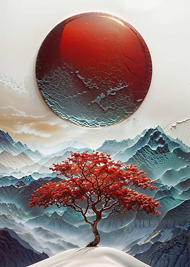 Crimson Serenity - Red Tree and Mountain Landscape