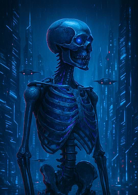 Cyberpunk Skeleton in Futuristic Cityscape - Neon Soul