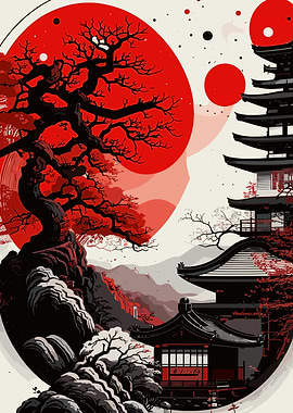 Japanese Landscape with Pagoda and Red Sun