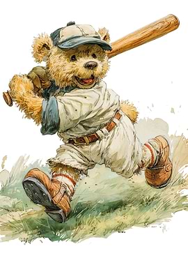 Teddy Bear Baseball Player Watercolor