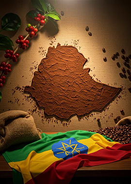 Ethiopia Coffee Map with Flag