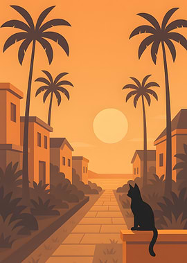 Sunset Cat Palm Tree Vector Art