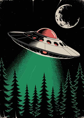 UFO over Forest Vintage Poster