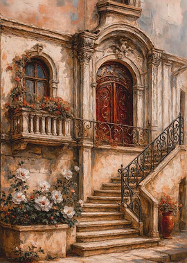 Italian Architecture with Flowers Painting