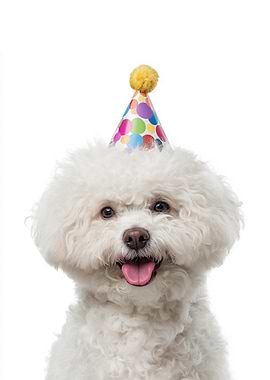 Happy Bichon Frise with Party Hat