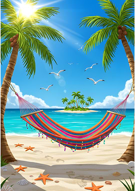 Tropical Beach Hammock Paradise Illustration
