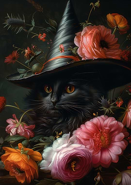 Black Cat Witch with Flowers