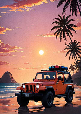 Orange Jeep Beach Sunset