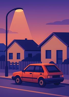 Orange Car Under Streetlight at Dusk