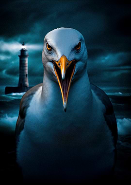 Menacing Seagull with Lighthouse Ocean