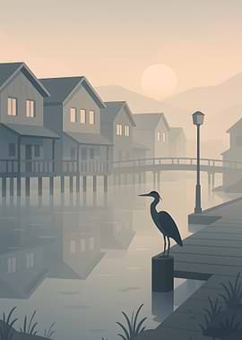 Peaceful Lakeside Village with Heron