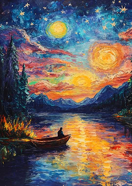 Impressionistic Lake Scene with Boat