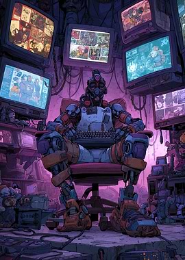 Cyberpunk Robot in Monitor-Filled Room
