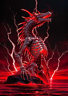 Skeletal Dragon in Red Lightning Storm