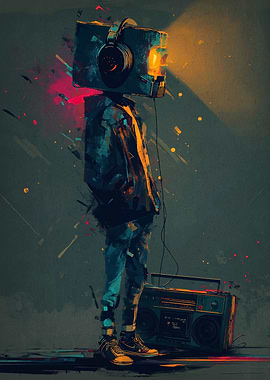 Abstract Boombox Head Character with Headphones