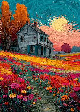 Colorful House in Field Painting
