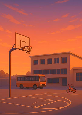 Sunset Basketball Court with School Bus