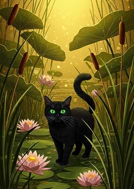 Black Cat in Lily Pond Illustration