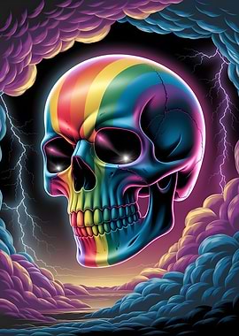 Rainbow Skull with Lightning and Clouds