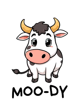 Cartoon Cow with 'MOO-DY' Text