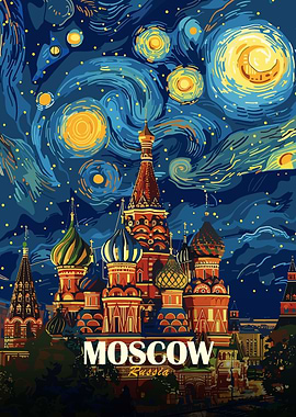Moscow Russia Starry Night Style Art