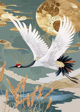 Crane in Flight with Moon