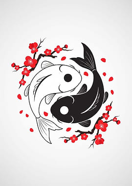 Yin Yang Koi Fish with Blossoms