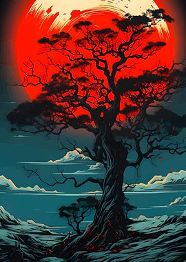 Red Sun Tree Landscape