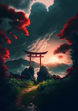 Japanese Torii Gate at Sunset