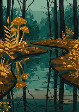 Mushroom Forest Stream Illustration