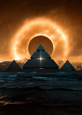 futuristic pyramids on water with eclipse