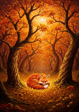 Fox Sleeping in Autumn Forest Painting