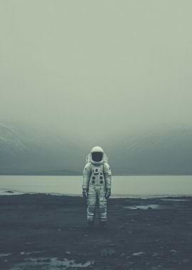 Astronaut on a desolate landscape