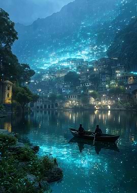 Nighttime Lake Scene with Rowboat