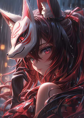 Anime Girl with Kitsune Mask in Rain